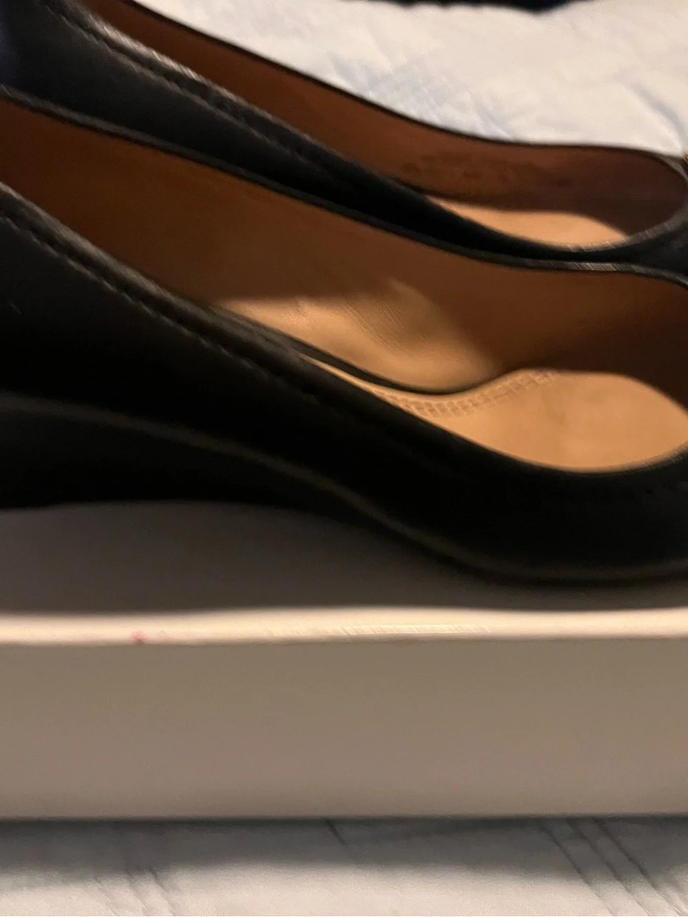 Tory Burch Black Leather Wedges with Gold Logo